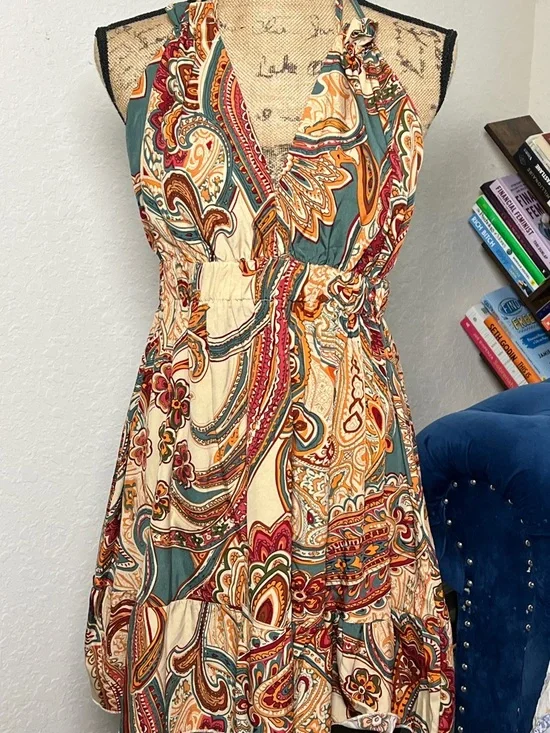 Boho Halter Maxi Dress in Cream & Teal Paisley - Picture 1 of 8